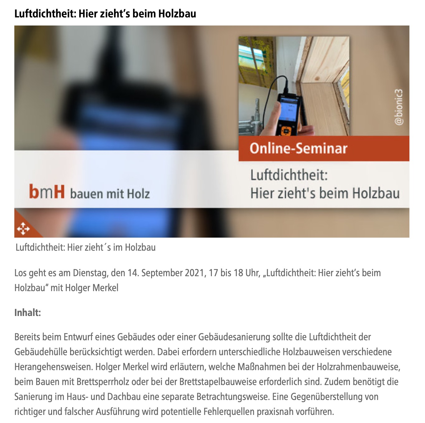 Online-Seminar von Holzbau-Fachzeitschrift: Luftdichtheit: Hier zieht’s beim Holzbau