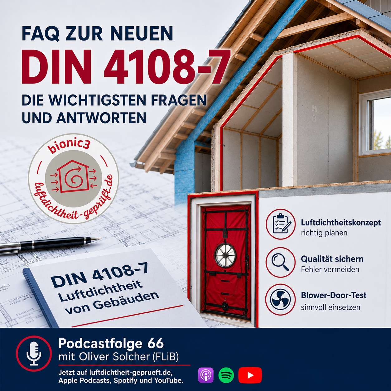 Podcastfolge 66 zur neuen DIN 4108-7: Holger Merkel und Oliver Solcher erklären die wichtigsten Änderungen der Luftdichtheitsnorm für Neubau, Sanierung und Blower-Door-Tests.