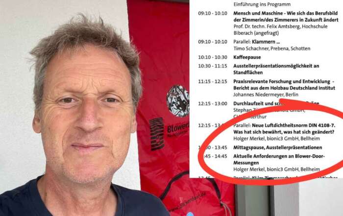 Holger Merkel spricht beim Kasseler Holzbaukongress über die DIN 4108-7 und Blower-Door-Messungen.