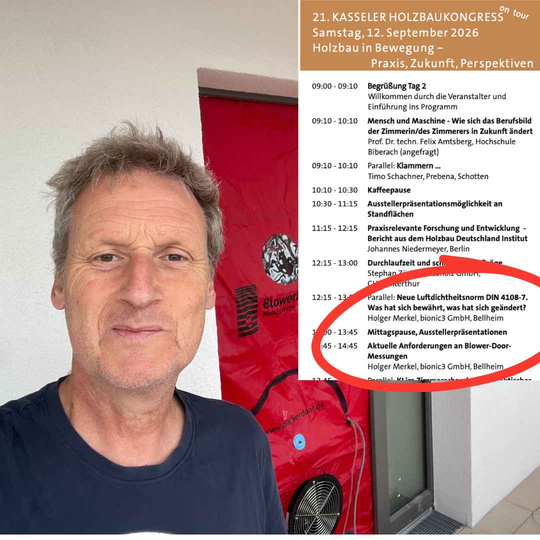 Holger Merkel spricht beim Kasseler Holzbaukongress über die DIN 4108-7 und Blower-Door-Messungen.
